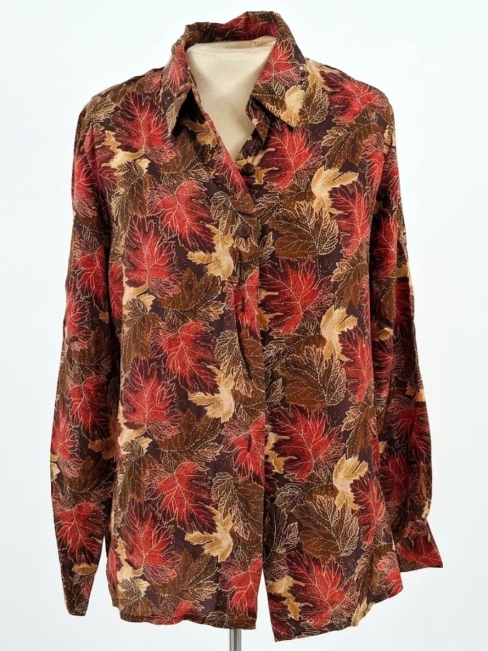 Vintage Willow Ridge 100% Silk Autumn Leaf Print Button‑Up Shirt Size PM